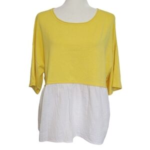 Zara Knit Yellow White Colorblock Mixed Media Peplum Top Modern Relaxed Fit
